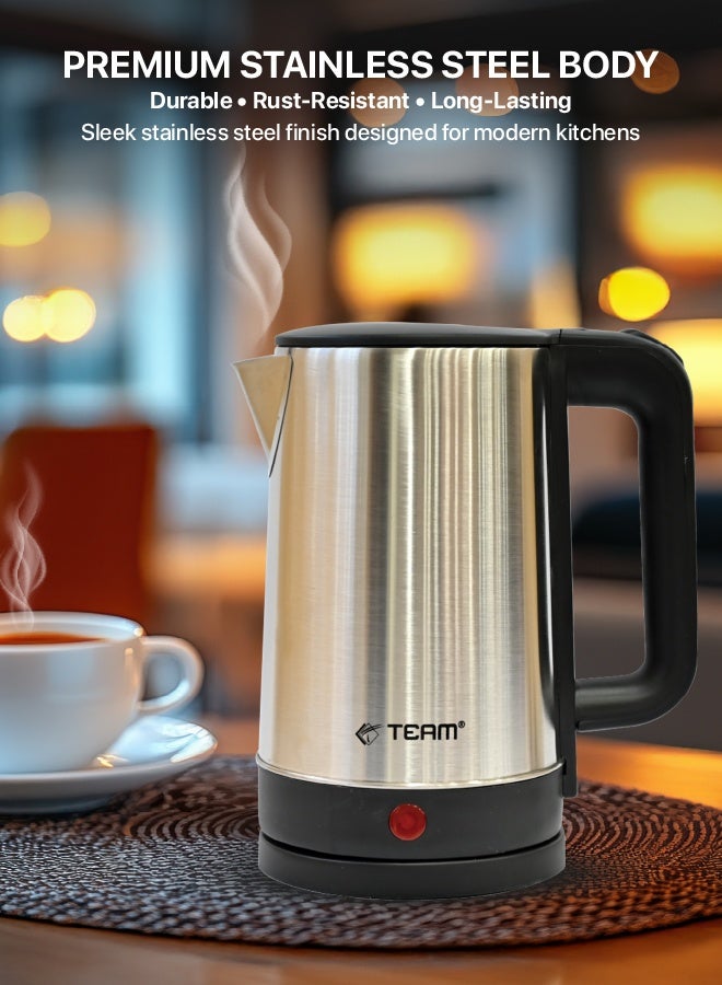تيم Team Stainless Steel Cordless Electric Kettle 1.5L, 1500W Fast Boil, Auto Shut‑Off, BPA‑Free, 360° Rotational Base, Concealed Heating Element - Image 3